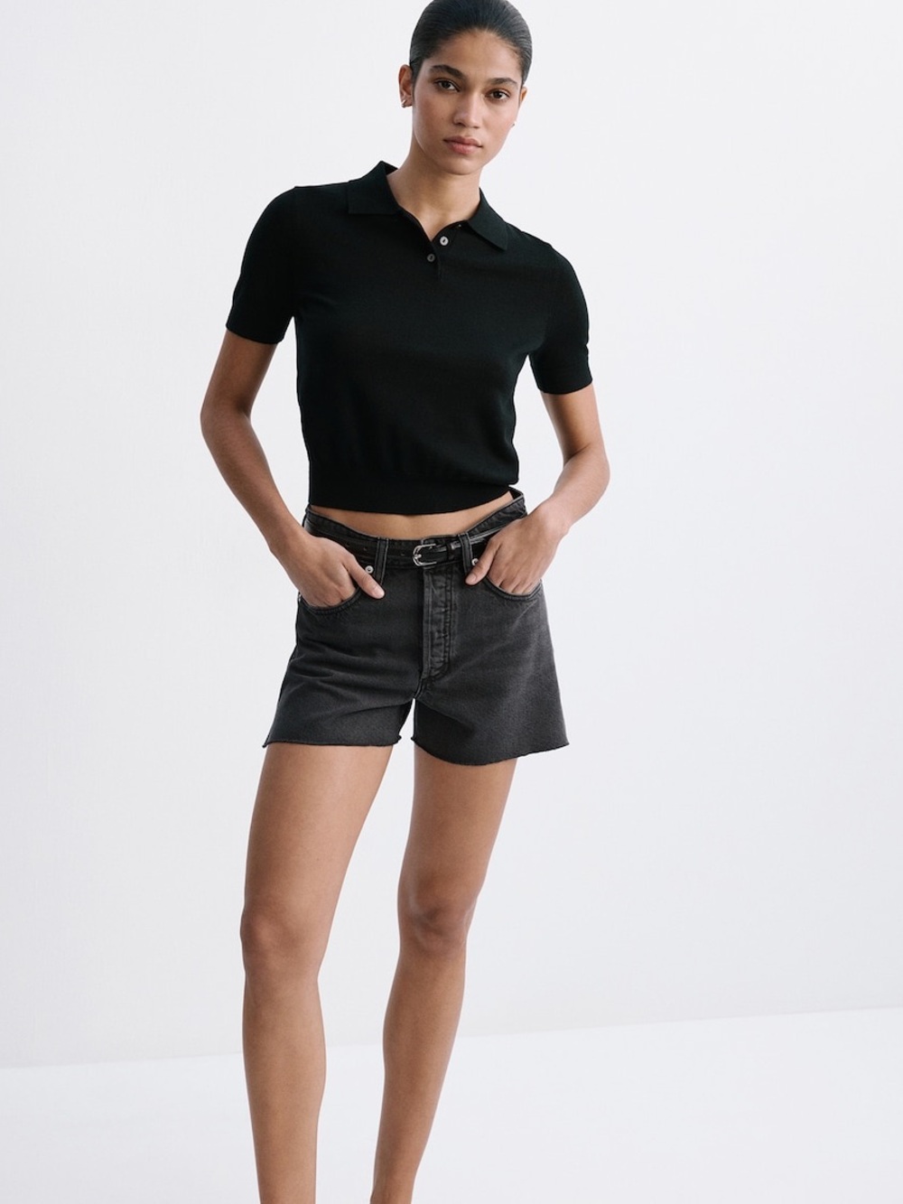 Mango Andy High Rise Black Raw Hem Denim Shorts US 8 NWOT